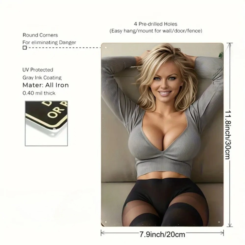 Vintage Blonde Beauty Metal Sign 8x12 Inch - Sexy Deep V Crop Top Gray Monstera Print 2D Flat Iron Wall Art for Home Garden Bar