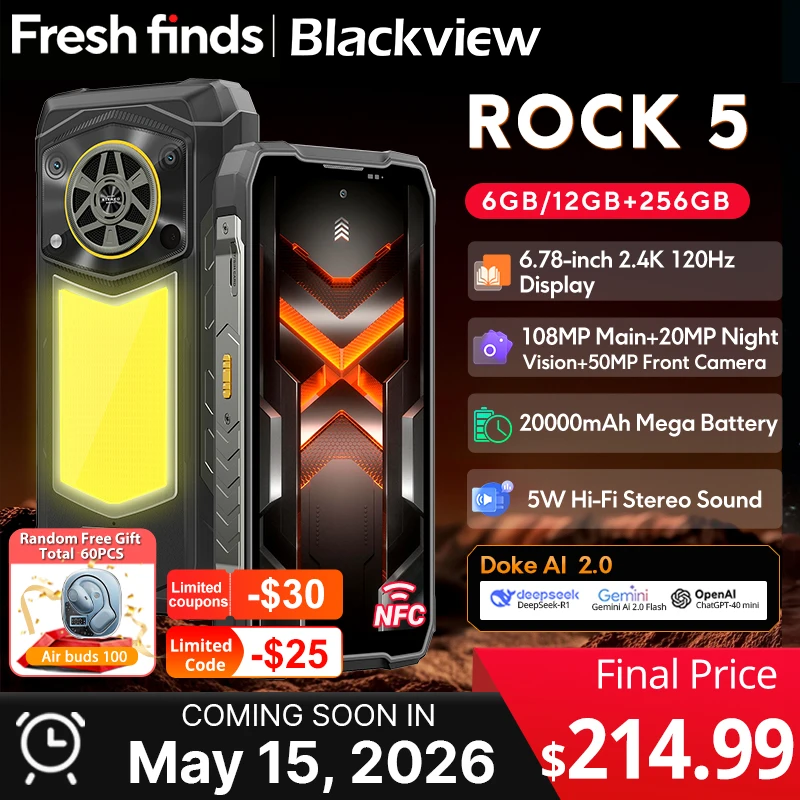 【World premiere】Blackview ROCK 5 Rugged phone 6.78'' 2.4K 120Hz Display Camping Lantern 108MP Camera NFC 20000mAh Cellphone