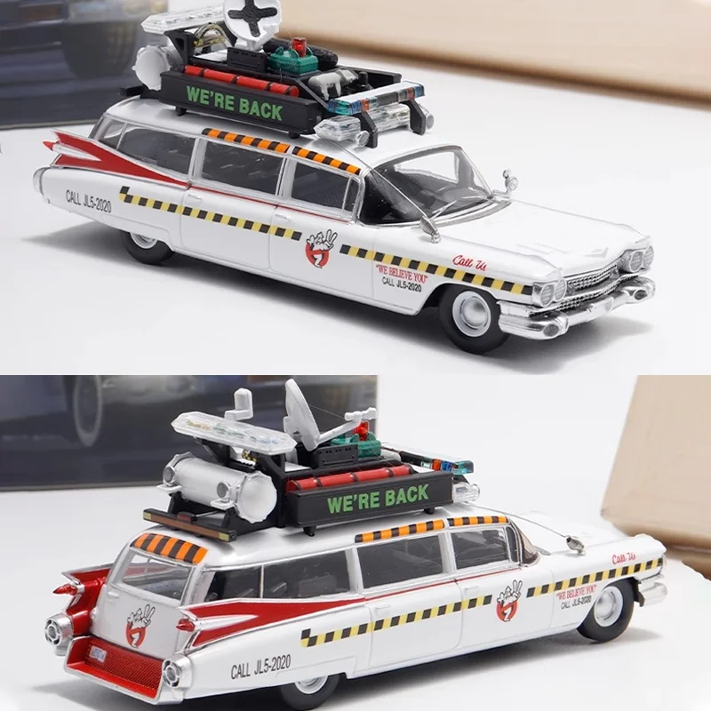 Novo em estoque ys 1:64 cadillac miller ecto1 extensíveis filme carro liga miniatura diecast cadillac ornamentos brinquedo personalizado crianças gif