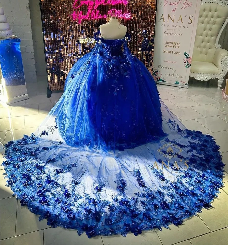 Vestidos de Quinceañera de Charro Azul Real, vestido de baile con hombros descubiertos, perlas florales, vestidos dulces de México 16, 15 años