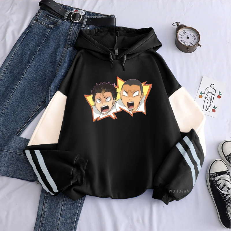 Japanese Funny Anime Haikyuu Ryunosuke Tanaka Hoodies Harajuku Kawaii Yu Nishinoya Ryunosuke Tanaka Graphics Hooded Sweatshirts