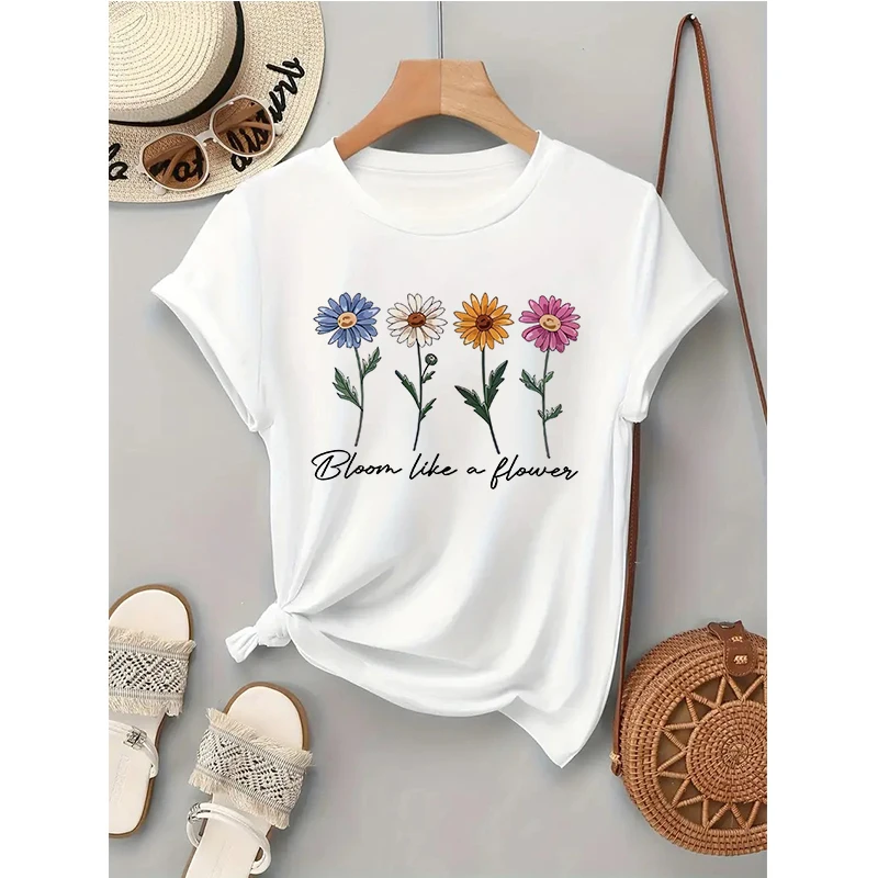 

Women's Cute Flower and Letter Print Short Sleeve T Shirt 2000s Graphic Gothic Tshirt Woman Causal Y2k T-shirt O-neck Tees Tops