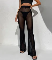 Long Tall  Flare Pants Sexy See Through Sheer Mesh Leggings Bell Bottom  Casual Dance Tights Concert  Party Club Night