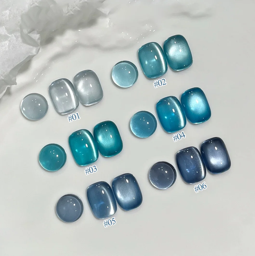 1pcs SHAKA Summer Nails Ice Transparent Blue Glass Bead Cat Eye Gel Nail Polish New Style Blue Island Series Crystal Cat Eye Gel
