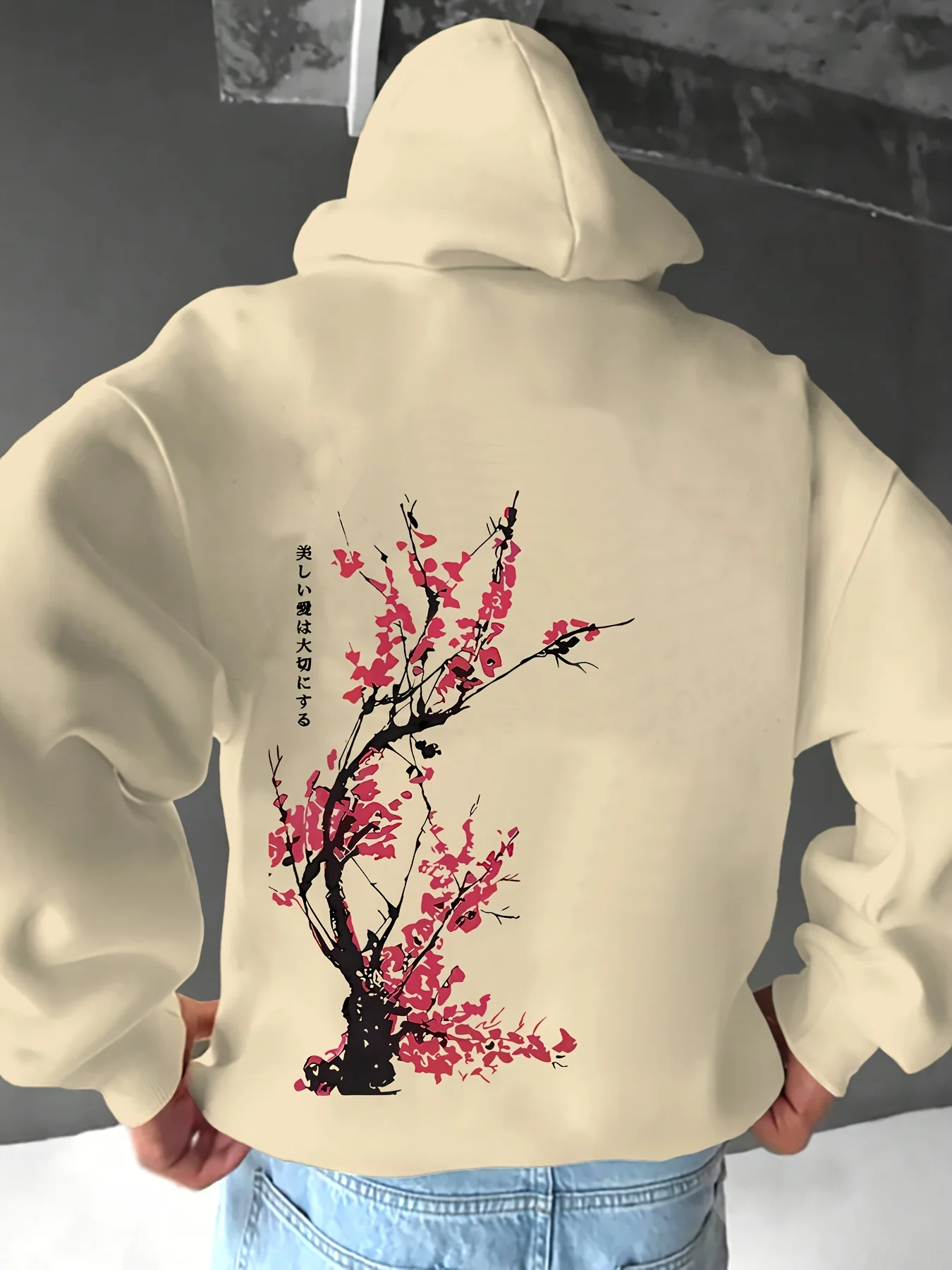 Men's Casual Hoodie with Cherry Blossom Print Slight Stretch Loose Fit Weekend Wear Fashion Long Sleeve Clothes Sportwear