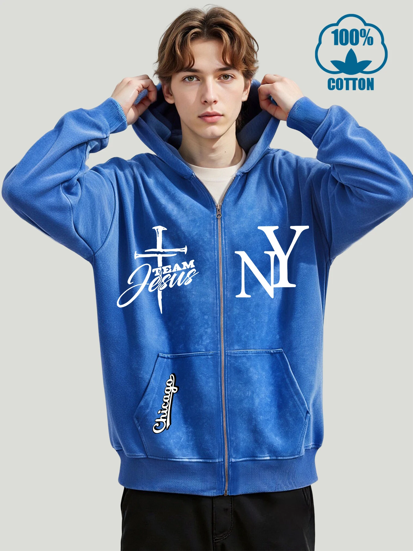 

Team Jesus New York City Pattern Mens Washed Zipper Hoodie Fashion Loose Hoody Soft Cotton Zip-Up Hoodies Retro Male Clothing