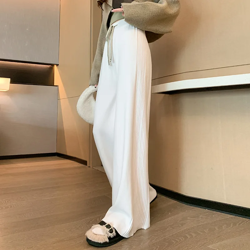 Knitted wide-leg pants design sense side pleated pit strips autumn and winter thickened drape loose and thin moppingcasualpants