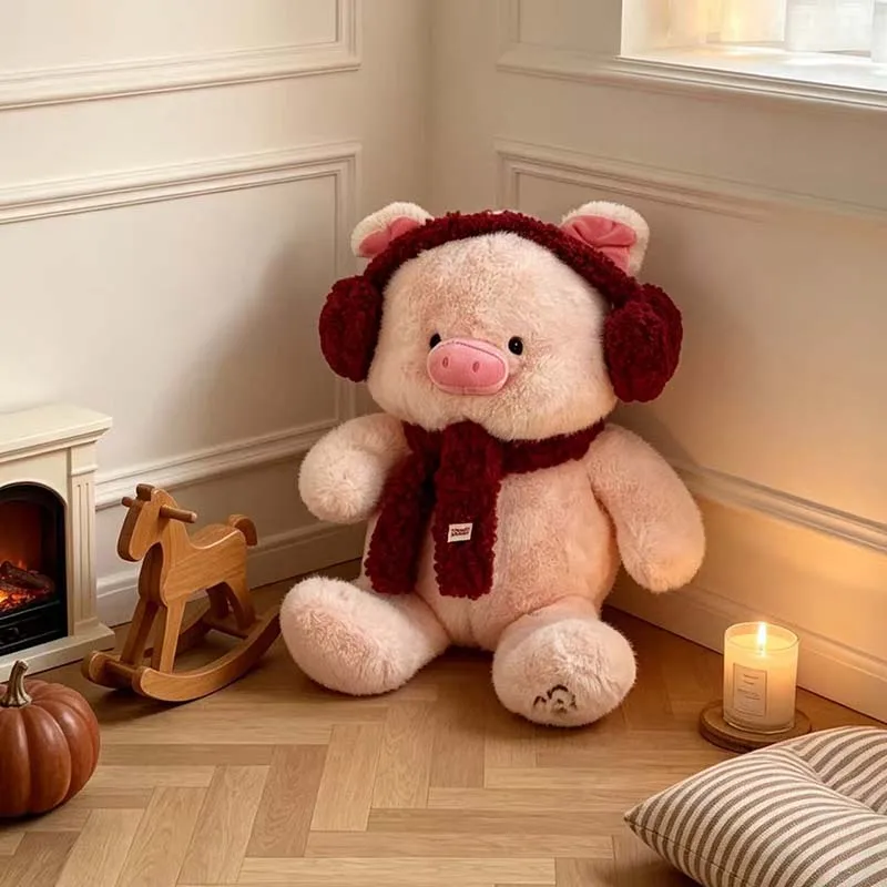 Christmas Cute Pink Pig Plush Doll with Red Scarf Earmuffs Squishy Stuffed Piggy Toy Christmas Home Decoration Birthday Gift