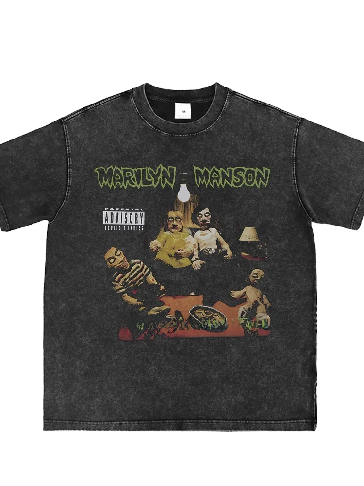 Marilyn Manson Washed Vintage American Street Rock T-Shirt Short Sleeve Cotton Casual round Neck Print Top for Youth