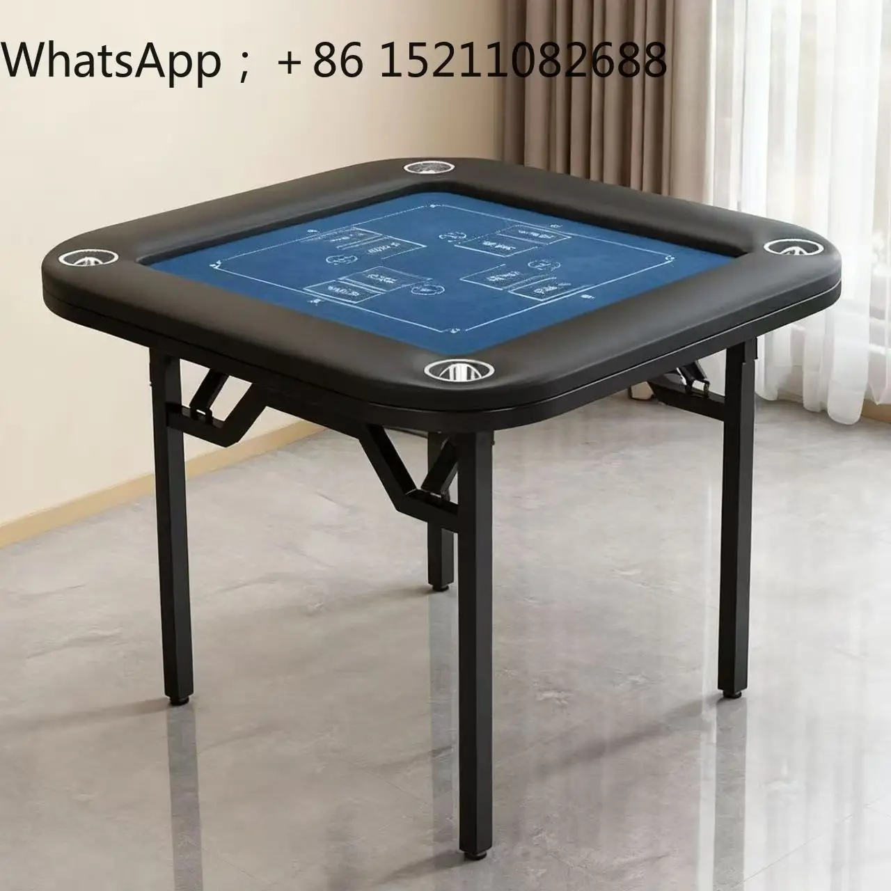 LLY portable folding chess and card table blue special tablecloth integrated metal bracket household four people