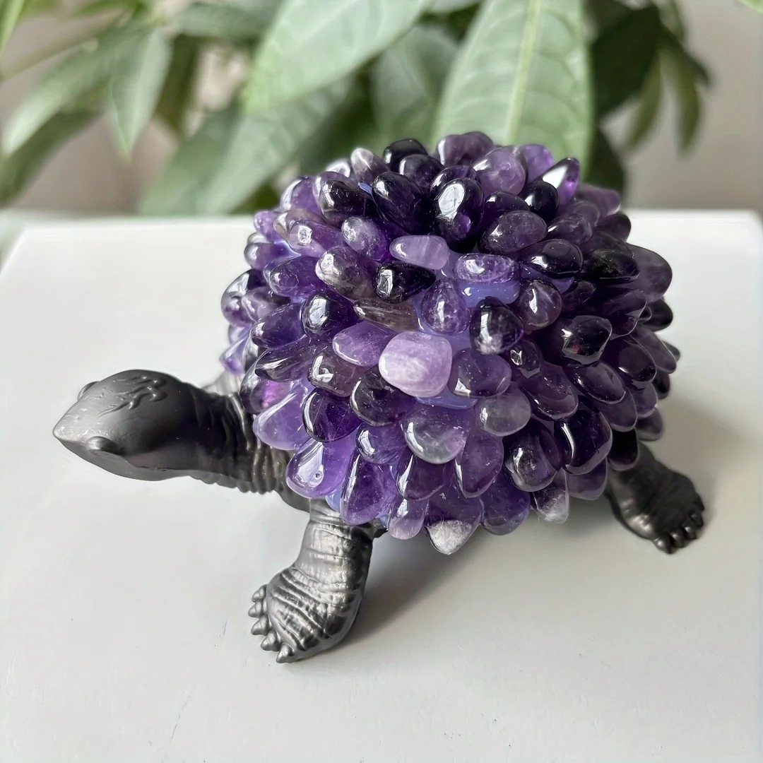 Handmade Natural Crystal Turtle Figurine With Metal Base Reiki Healing Home Office Desk Decor Gift