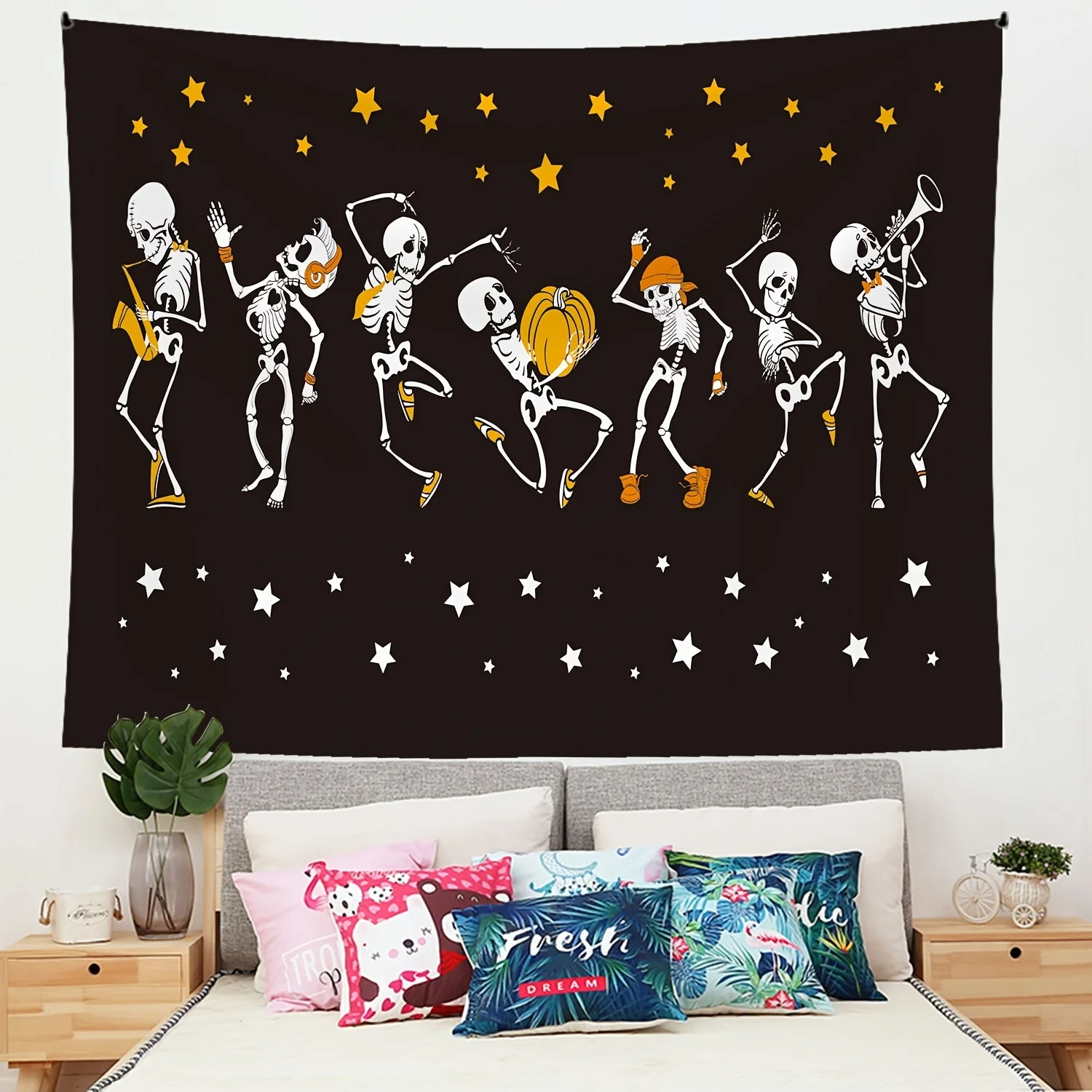 Dancing Skeletons Tapestry: Festive and Fun Wall Art for a Spooky, Joyful, and Uniquely Charming Decor Statement