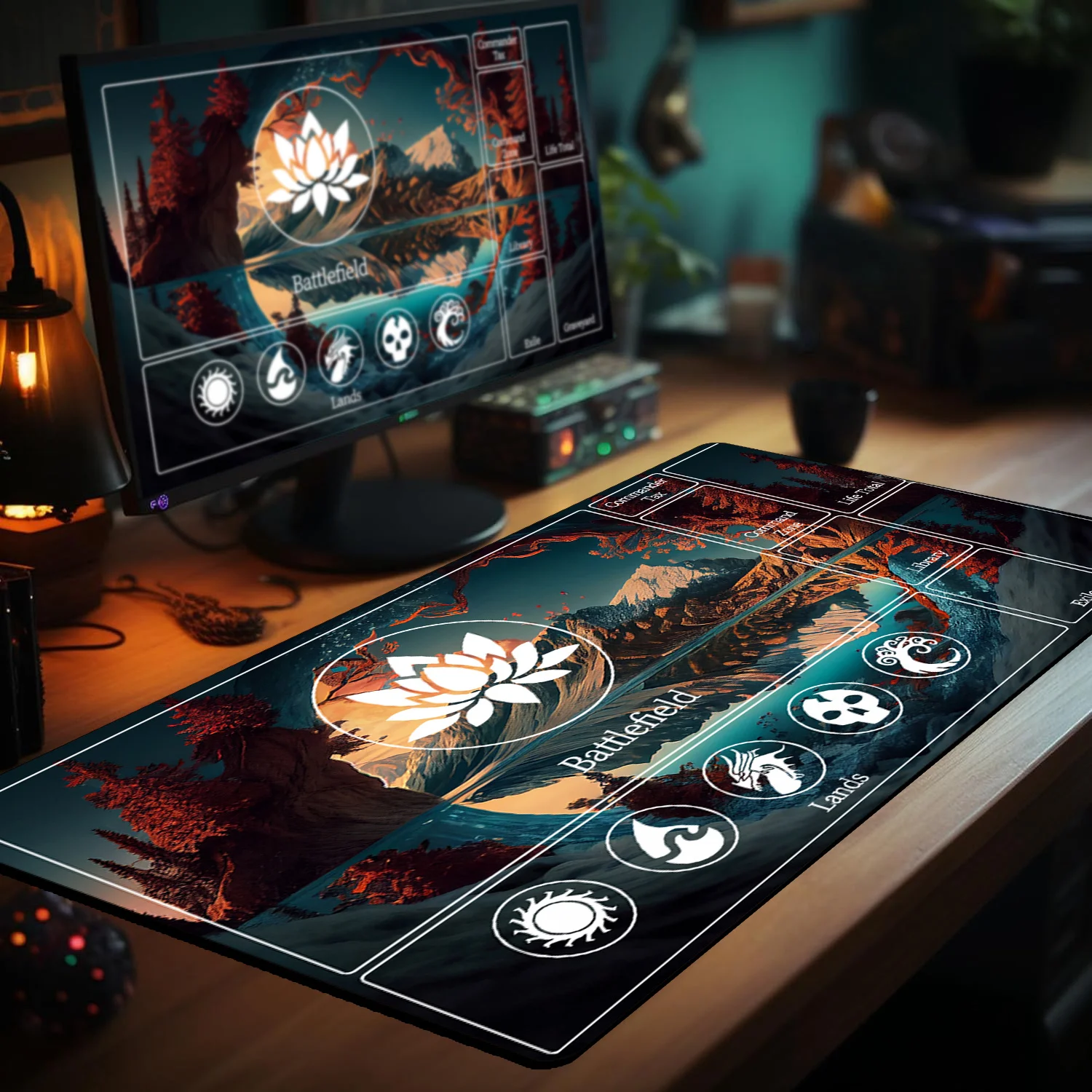 

Игровой коврик для мыши The Gathering Playmat Складная фэнтезийная сцена с замком Летучие мыши Розовый небо Резиновый материал TCG CCG Games