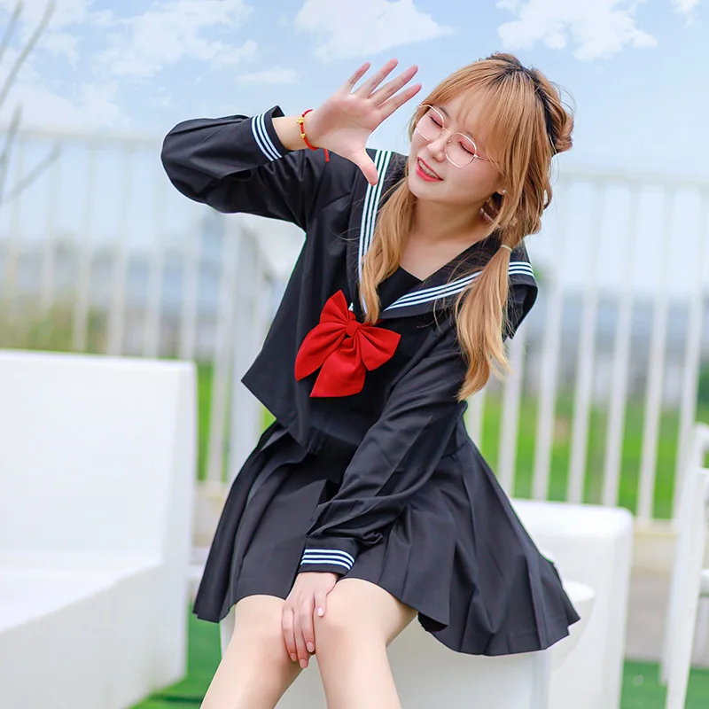 

Japanese Sailor Suit High School Student JK Uniform Black Sailor Outfit Korean Girl Sexy Seifuku Pleated Skirt Women Costume