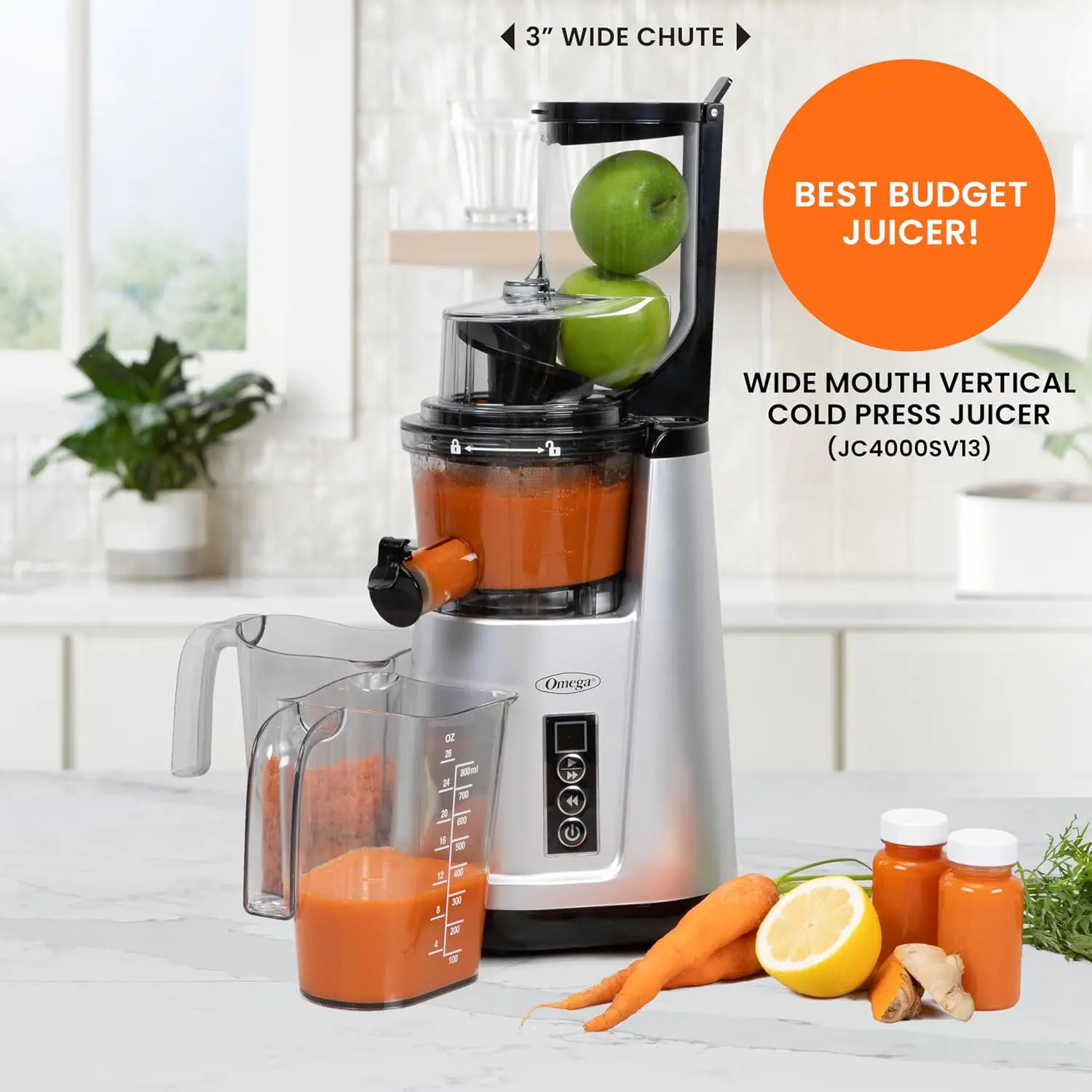 Cold Press Juicer, Compact Vertical Slow Masticating Fruit and Vegetable Juice Extractor, 3-Inch Wide Feed Chute, 2-Speed, Space-Saving Design, 120W, Black