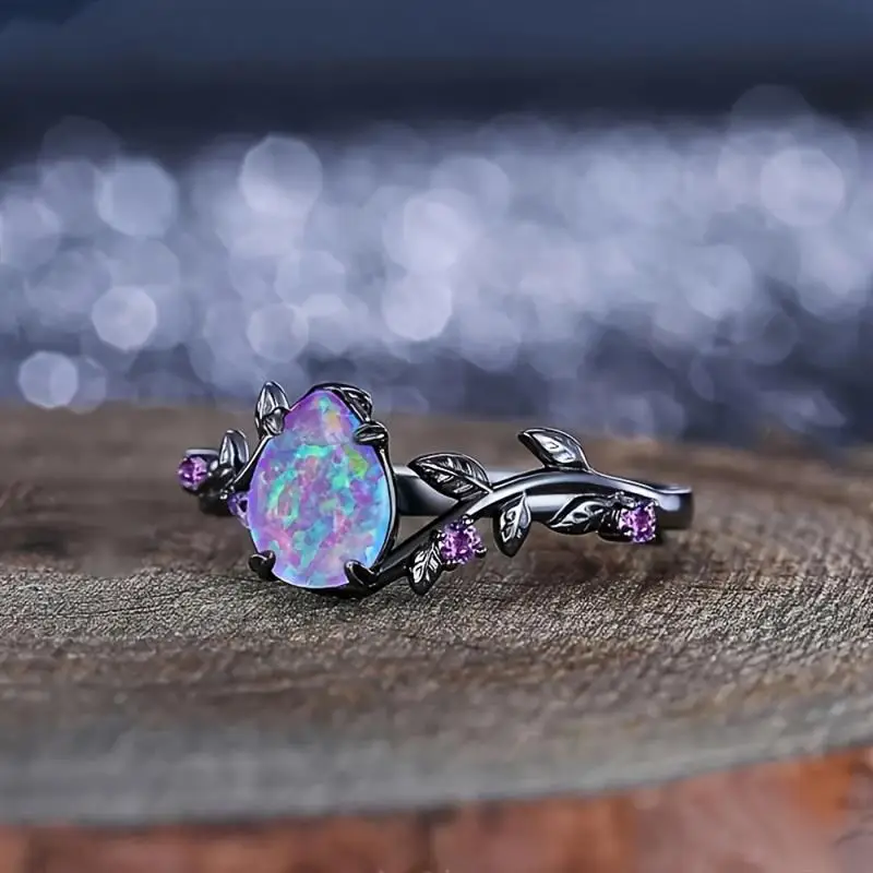 Huitan Spezieller schwarzer 2-teiliger Ring für Damen, Weinblatt-Design, frischer lila Opal, Accessoires, Party, Hochzeit, Schmuck mit eingelegtem CZ – Detail 6