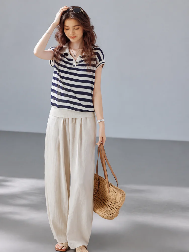 Women's Elastic Drawstring High Waist Linen Wide Leg Pants, Lightweight Breathable Casual Palazzo Trousers With Pockets
