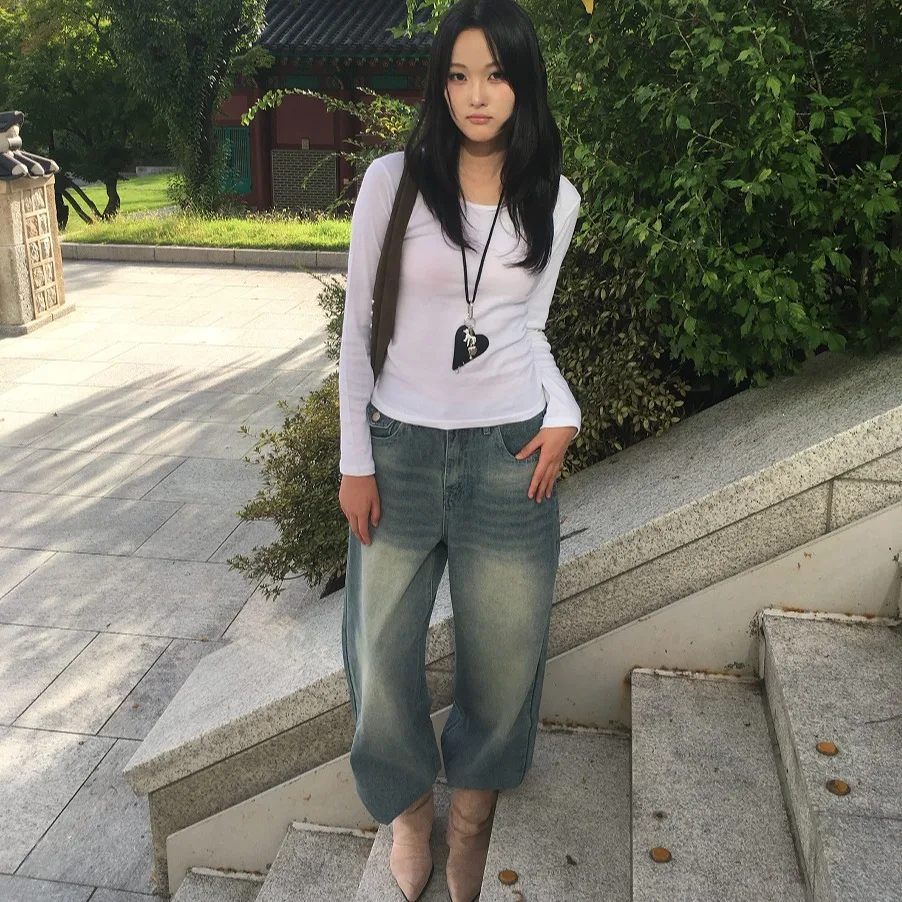 

Retro Washed Distressed Wide Leg Denim Jeans High Waist Casual Cotton Blend Non-Stretch Adult Fit Four Seasons Black Blue