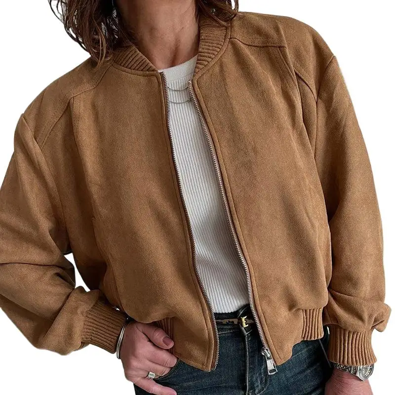 

Women's Suede Bomber Jacket Short Zipper Coat Casual Faux Leather Outerwear Autumn Winter Fashion Camel Jacket Versatile
