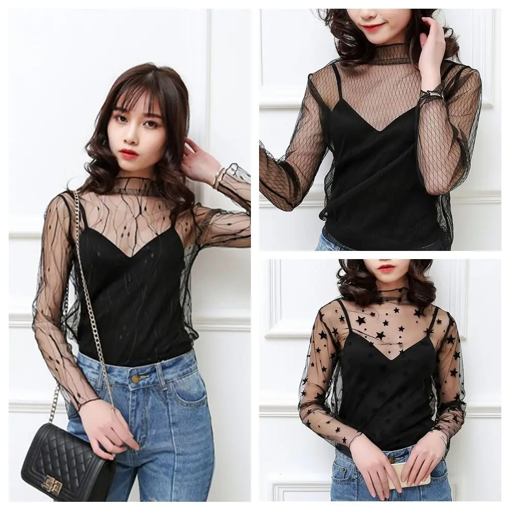 

Black T-Shirt Tops New Long Sleeve See-through Ladies Tops Mesh See Through Blouse