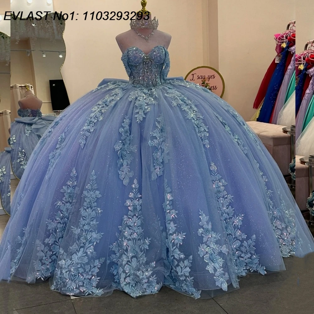

EVLAST блестящее синее платье Quinceanera по индивидуальному заказу, бальное платье с кружевной цветочной аппликацией и бантом из бисера, Sweet 16, Vestidos De 15 Anos E1QN403