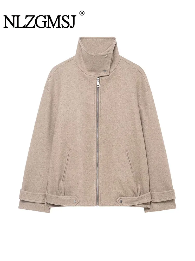 

NLZGMSJ Women Loose Stand Collar Jacket 2025 Autumn Long Sleeve Zipper Oversize Woolen Coat Female Casual Outerwear Y2K