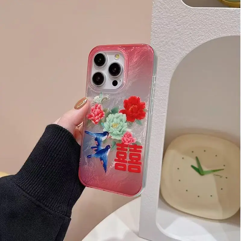 Pink Birds Peony Floral Pattern Elegant Shockproof Case For iPhone 11 12 13 14 15 16 17 Pro Max Plus X XR XS Funda Cover