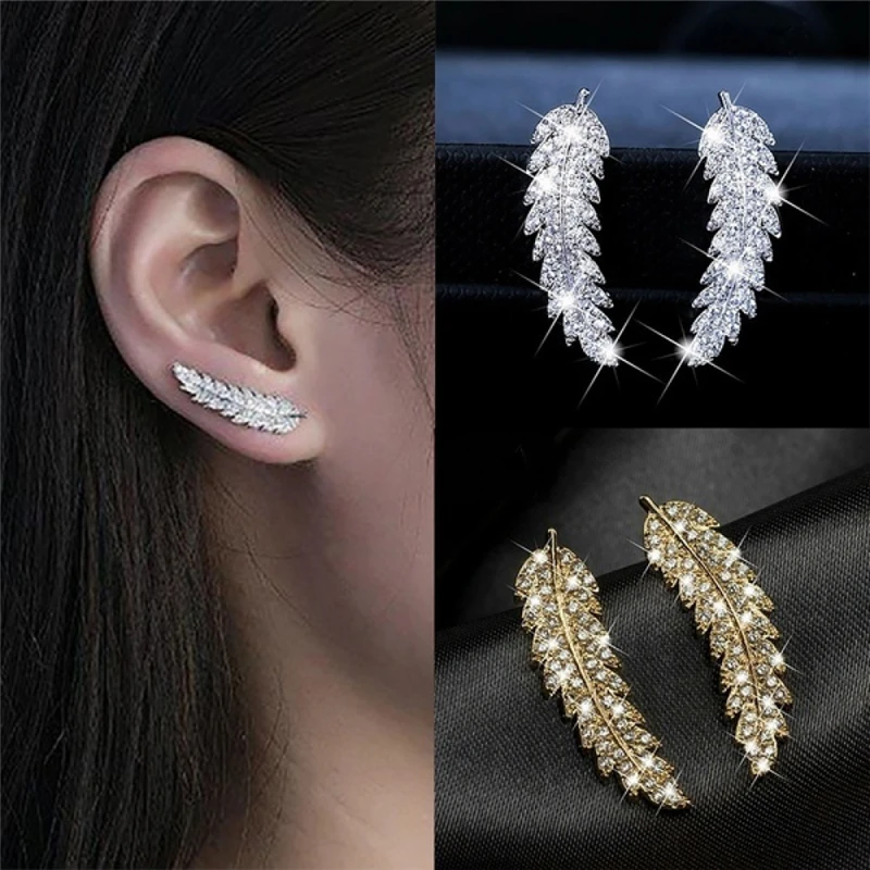 1 Pair Gorgeous Feather Ear Climbers Cuff Earrings Light Luxury Crystal Diamonden Wedding Earrings for Women Jewelry