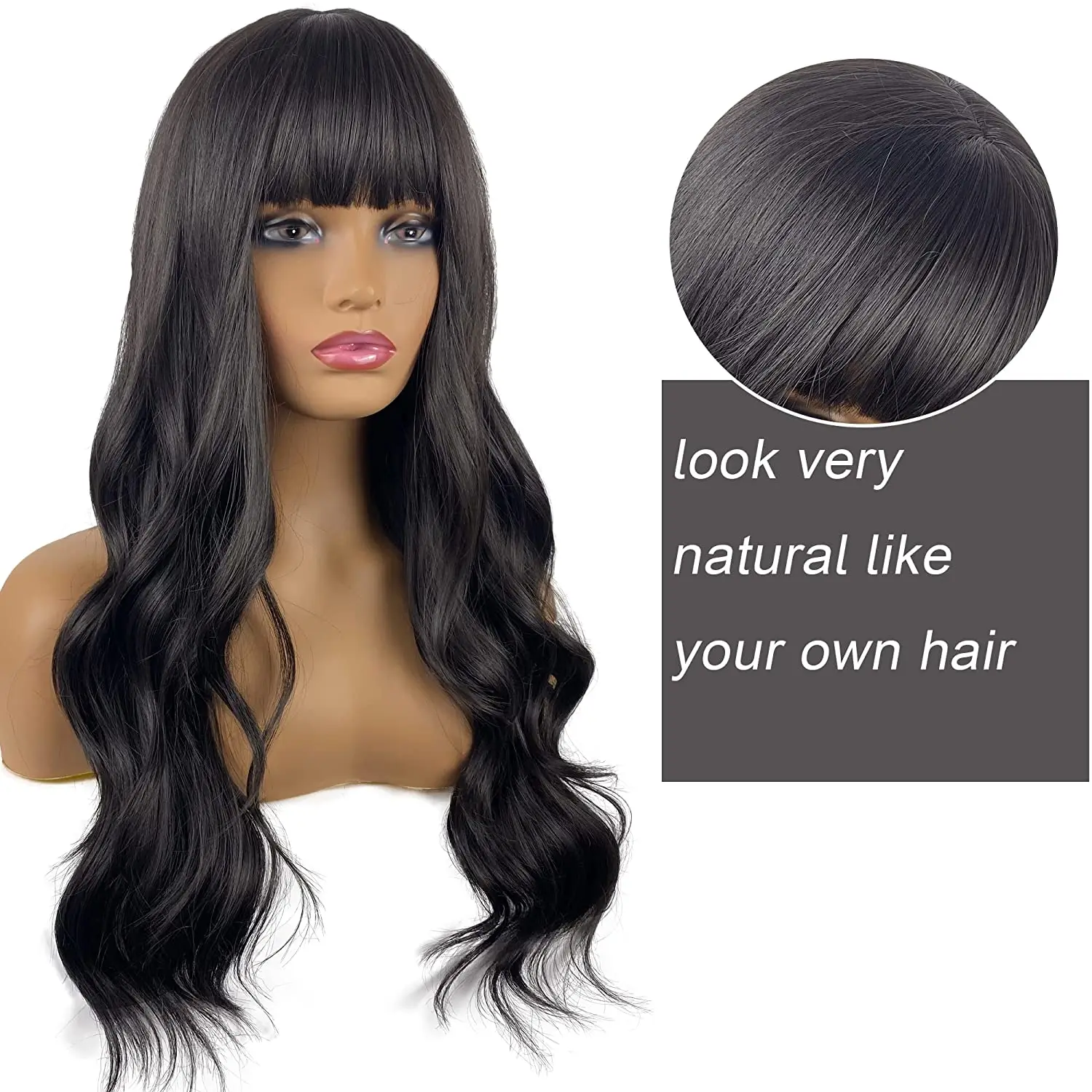 Long Wavy Wig With Bangs,Black Wavy Wig for Women Natural Looking Heat Resistant Synthetic Curly Hair Wigs for Daily long wig