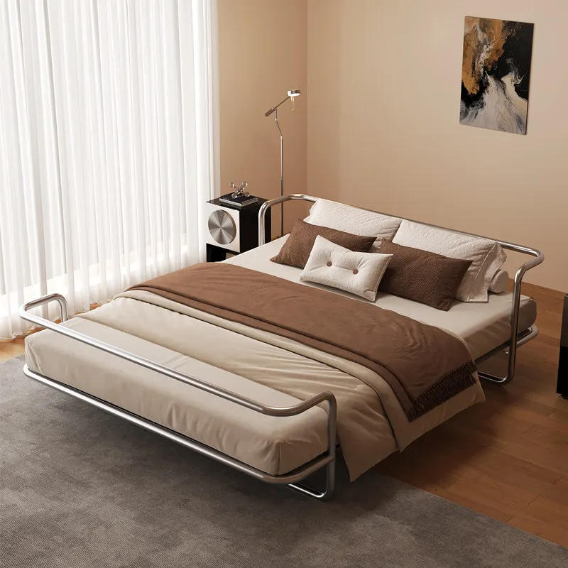 Italian Stainless Steel, Minimalist, Suspended Double Bed, Modern Metal Industrial Style, Steel Tube Bauhaus Iron Frame Bed