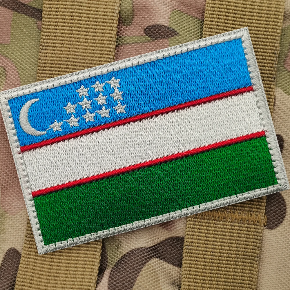 High Quality Full Embroidery Asia National Flag Of Uzbekistan Colors Embroidery Flag Patch Sew-on Jacket Shirt Army Flag Label