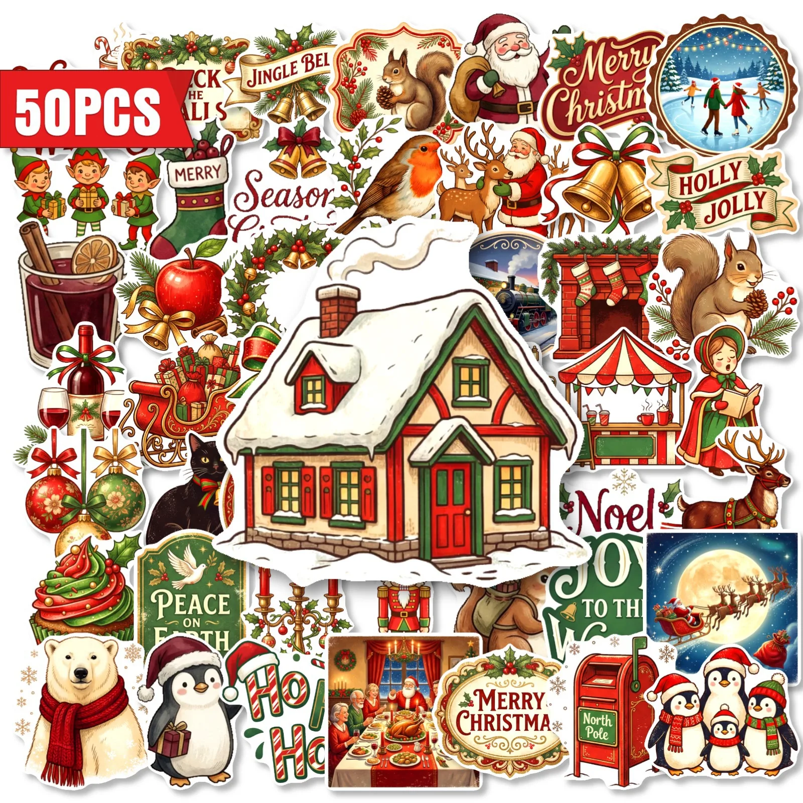 50 PCS Retro Christmas Theme Cartoon Animal Decorative Stickers Hand Account Luggage Water Cup Wall Atmosphere Decoration Decals