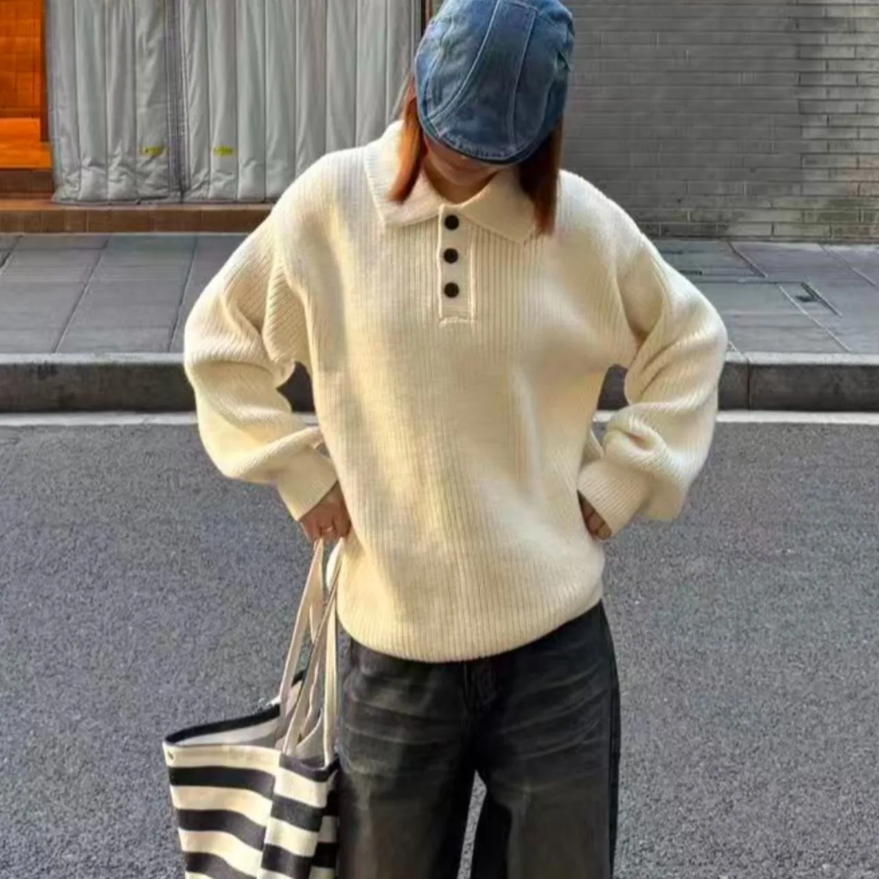 Suéter de punto elegante para mujer, prendas de vestir exteriores con sensación holgada y cuello, Faion coreano, Otoño Invierno, sensación de alta gama