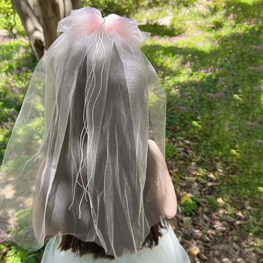 

Элегантный ободок для волос с развевающимся бантом и фатой, из полиэстеровой сетки, для девочек, розовый, свадебный, из тюля, для дня рождения