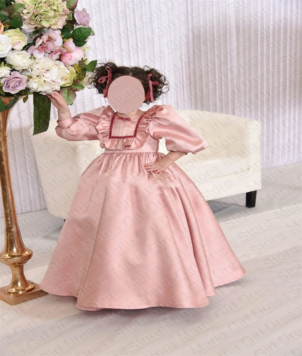 Vestido de satén rosa claro para niña, vestido largo de flores con cuello redondo, adecuado para invitados, banquetes, cumpleaños, fiestas de boda