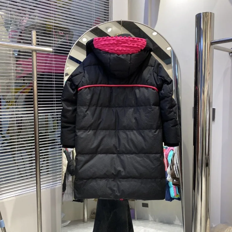 Winter Medium and Long Down Jacket Women's Over-knee Hooded Thickened Loose Contrasting Color Love Bag White Duck Down Jacket