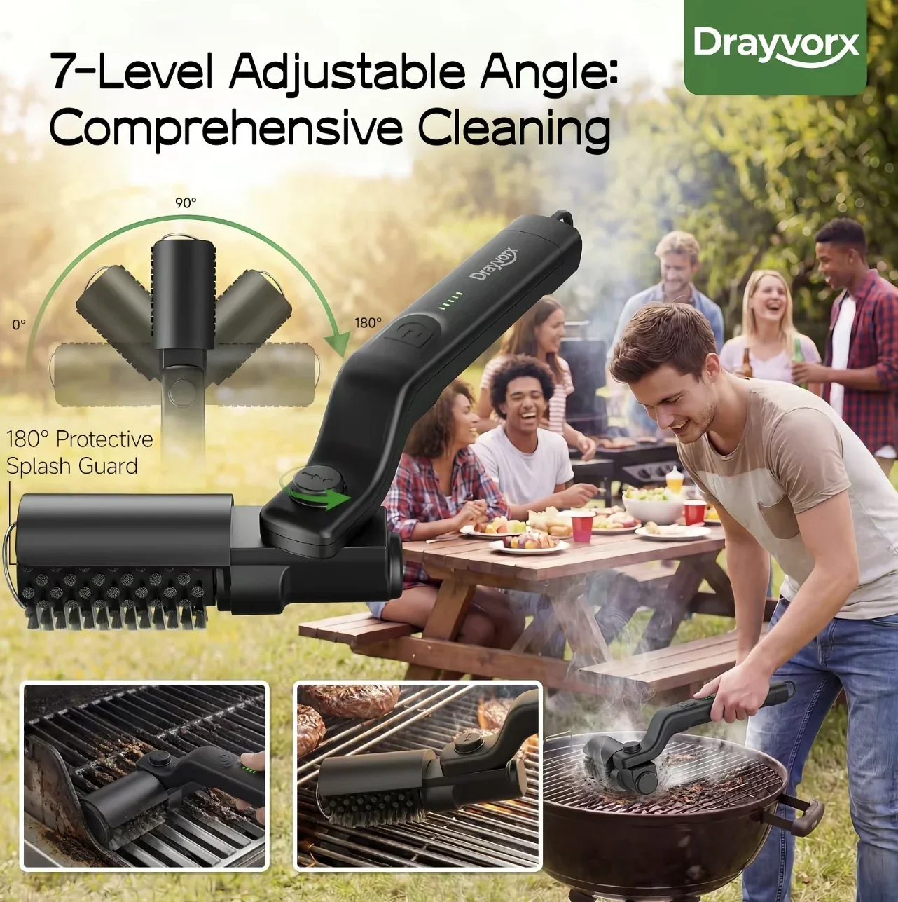 Electric BBQ Grill Brush with 3-Speed Settings 2600mAh Cordless Rechargeable Adjustable Angle Grill Cleaning Tool