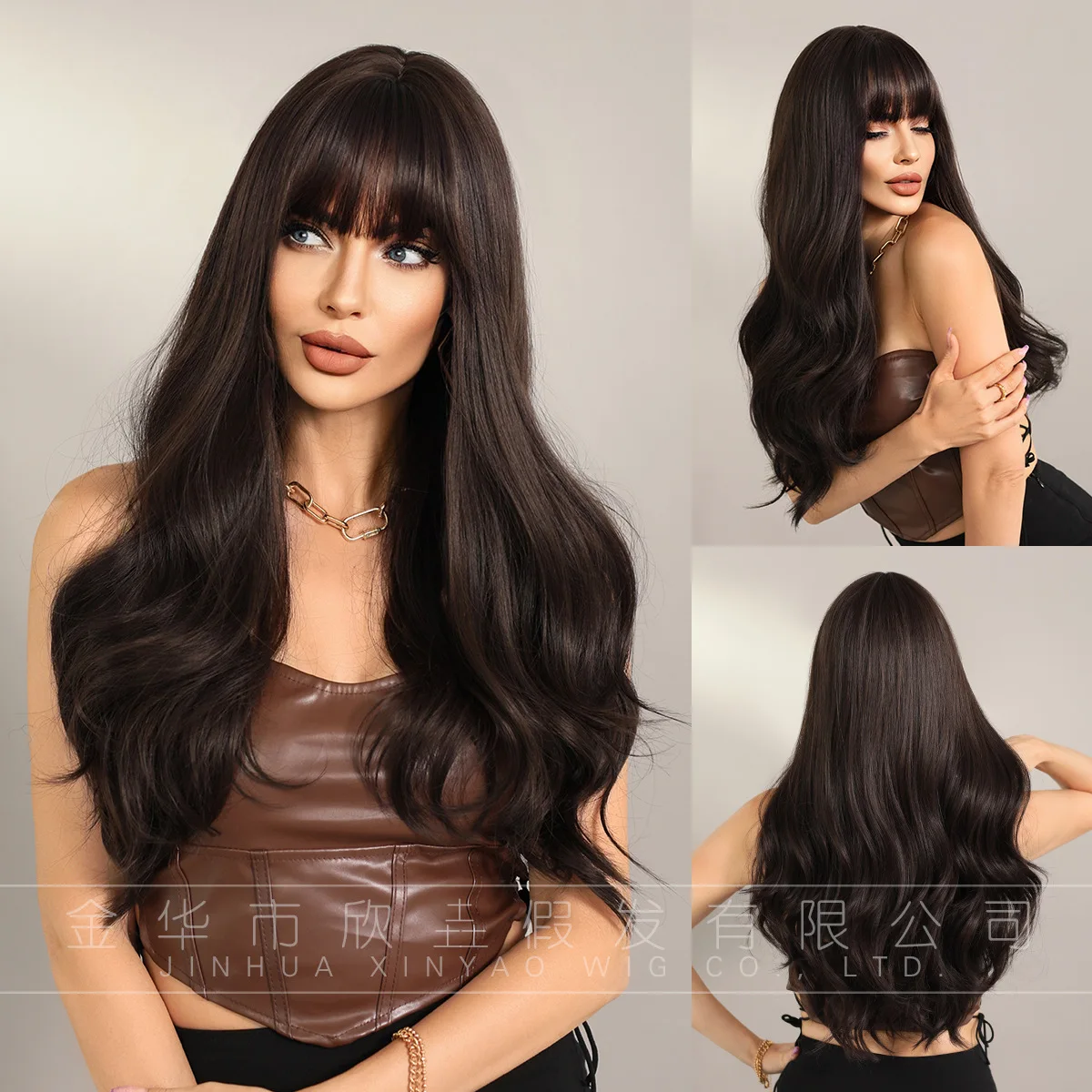 

Women long hair full head brown black bangs big waves natural breathable fluffy chemical fiber wig