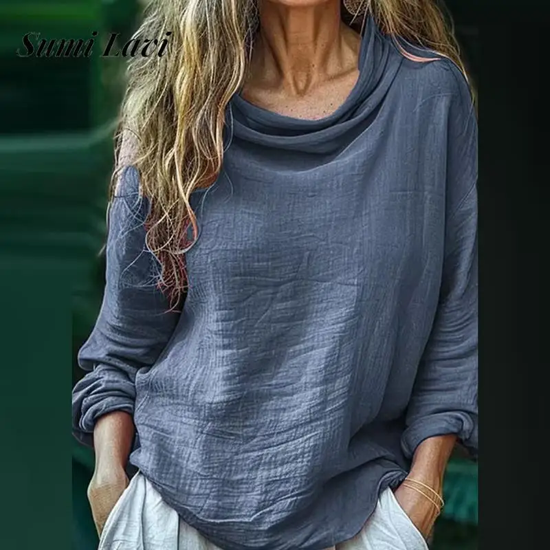 

Women's Elegant Pile Pile Pullover Blouse 2025 Fashion Commuting Cotton Linen Solid Tops Casual Long Sleeve Draped Loose Shirts