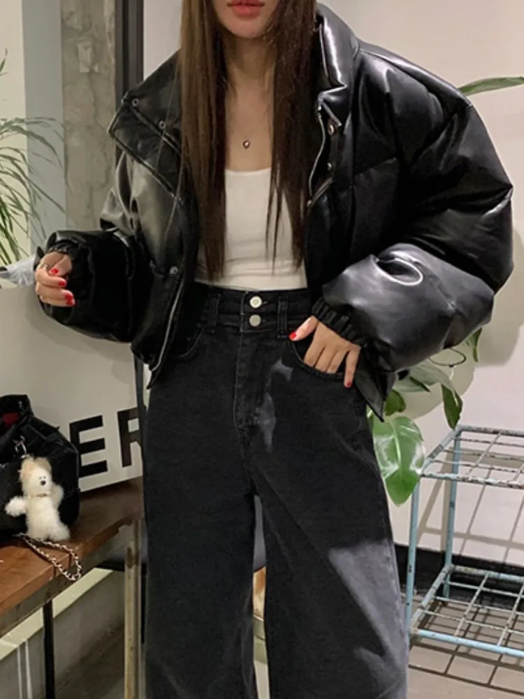 Chic Winter Vintage Stehkragen Bla Matte PU Leder Brot Mantel Lose Warme ort Baumwolle Jaet frauen Faion Oberbekleidung