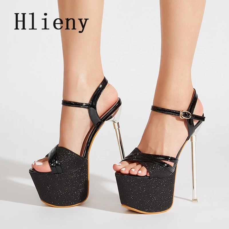 Hlieny Silver Sequin Cloth Open Toe Sandals Women Extreme Platform Stiletto High Heels Buckle Strap Pole Dancing Party Prom Shoe