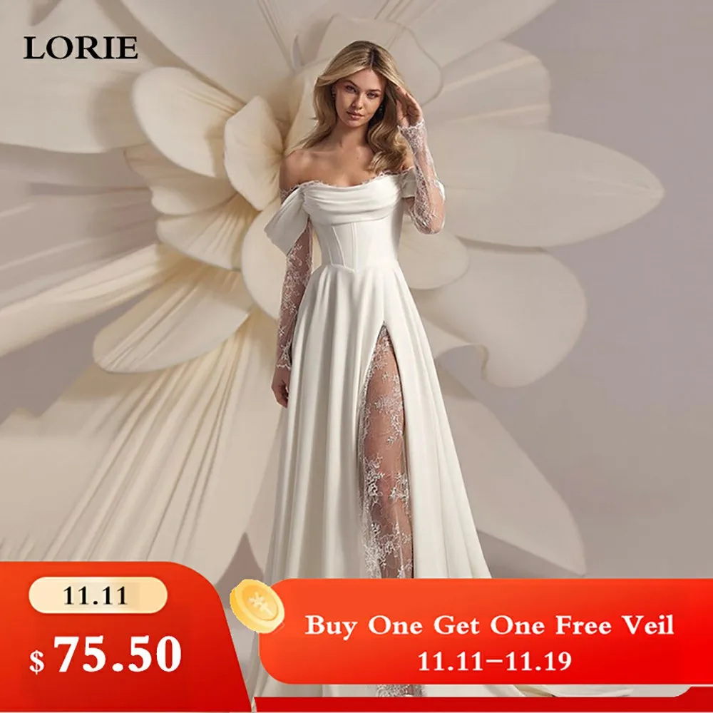 Lorie-裸の肩のレースのウェディングドレス,裸の背中のレースのウェディングドレス,プリンセスアップリケ,アップリケ,長袖,台形のブライダルガウン,カスタマイズ