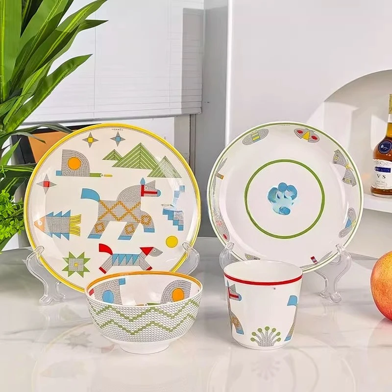 

Bone china cartoon western food plate rice bowl spoon tableware combination children's tableware water cup set home gifts