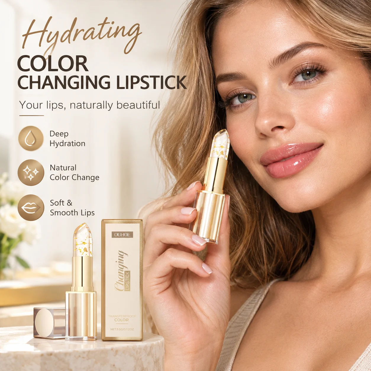 Ouhoe Gold Foil Color Changing Lip Balm Transferproof Moisturizing Non-greasy Deep Nourishment Repairing Color Changing Lipstick