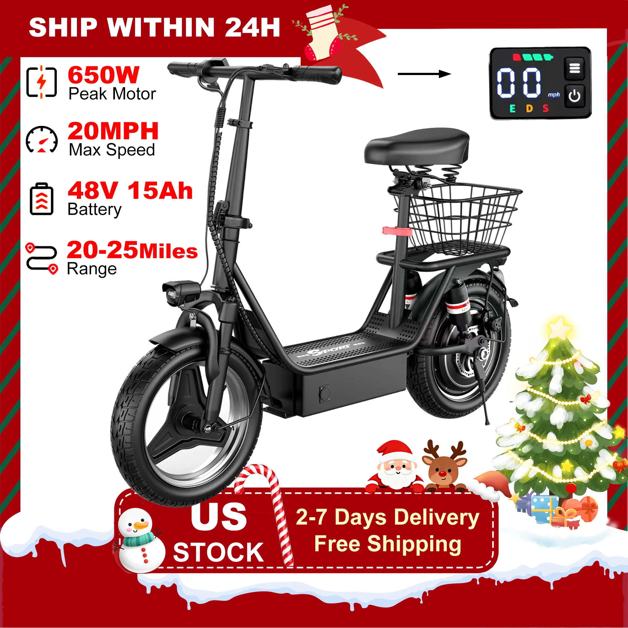 

Electric Scooter Adults,650W Peak Motor,48V15AH Battery,E-Scooter With Seat,Up to 20MPH,25Miles Long Range,Escooter With Basket
