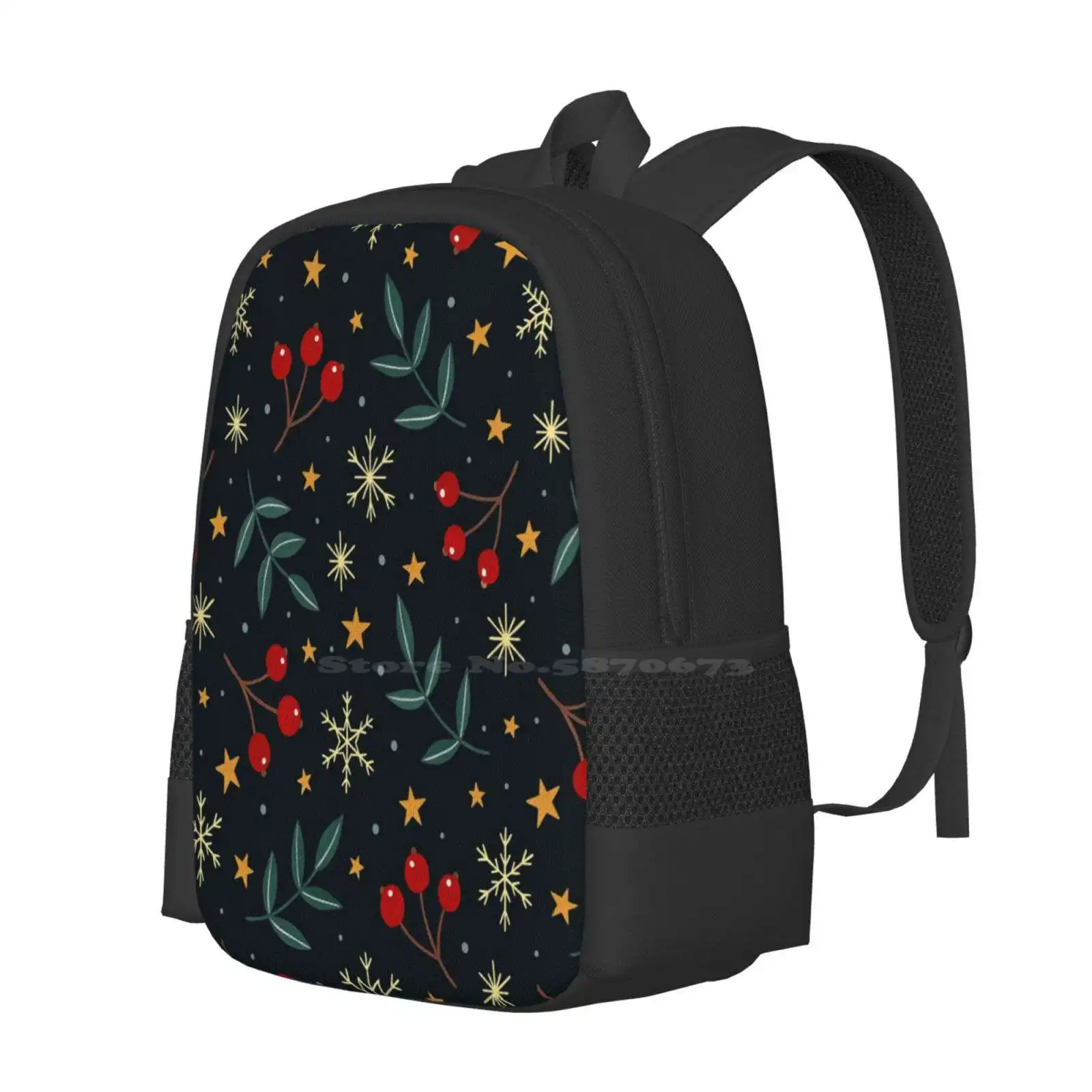 Winter Magic Large Capacity School Backpack Laptop Bags Gouache Winter Berries Berry Leaves Leaf Nature Snowflakes Stars Stary