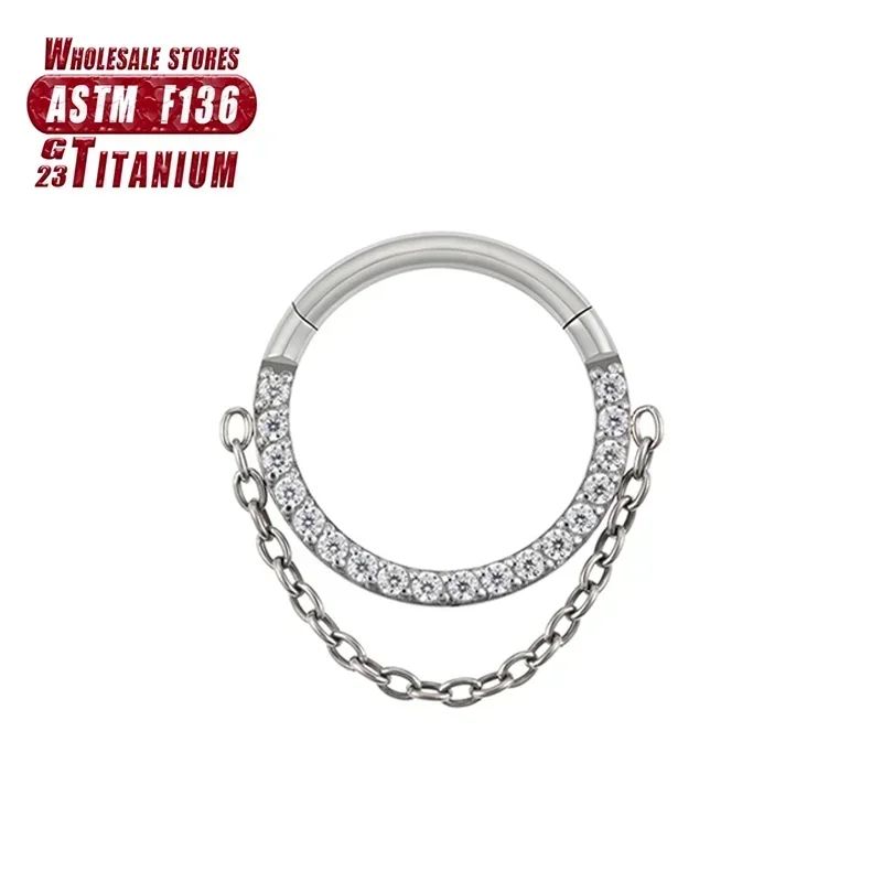 F136 Titanium Piercing Septum Chain Nose Ring16G Daith Clicker Hinged Sectiont Zircon Cartilage Tragus Earrings Body Jewelry