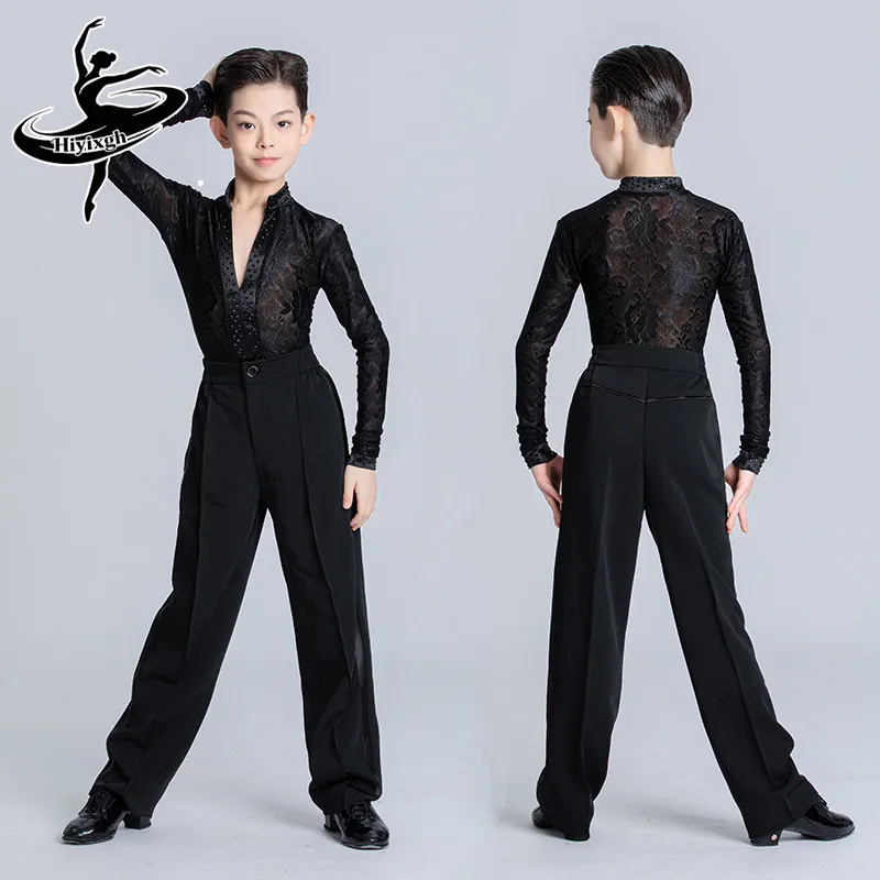 Nuevos Trajes de Baile Latino de Moda 2026 para Niños, Camisas Negras de Manga Larga con Cuello en V, Ropa de Práctica de Baile Latino Chacha para Salón de Baile