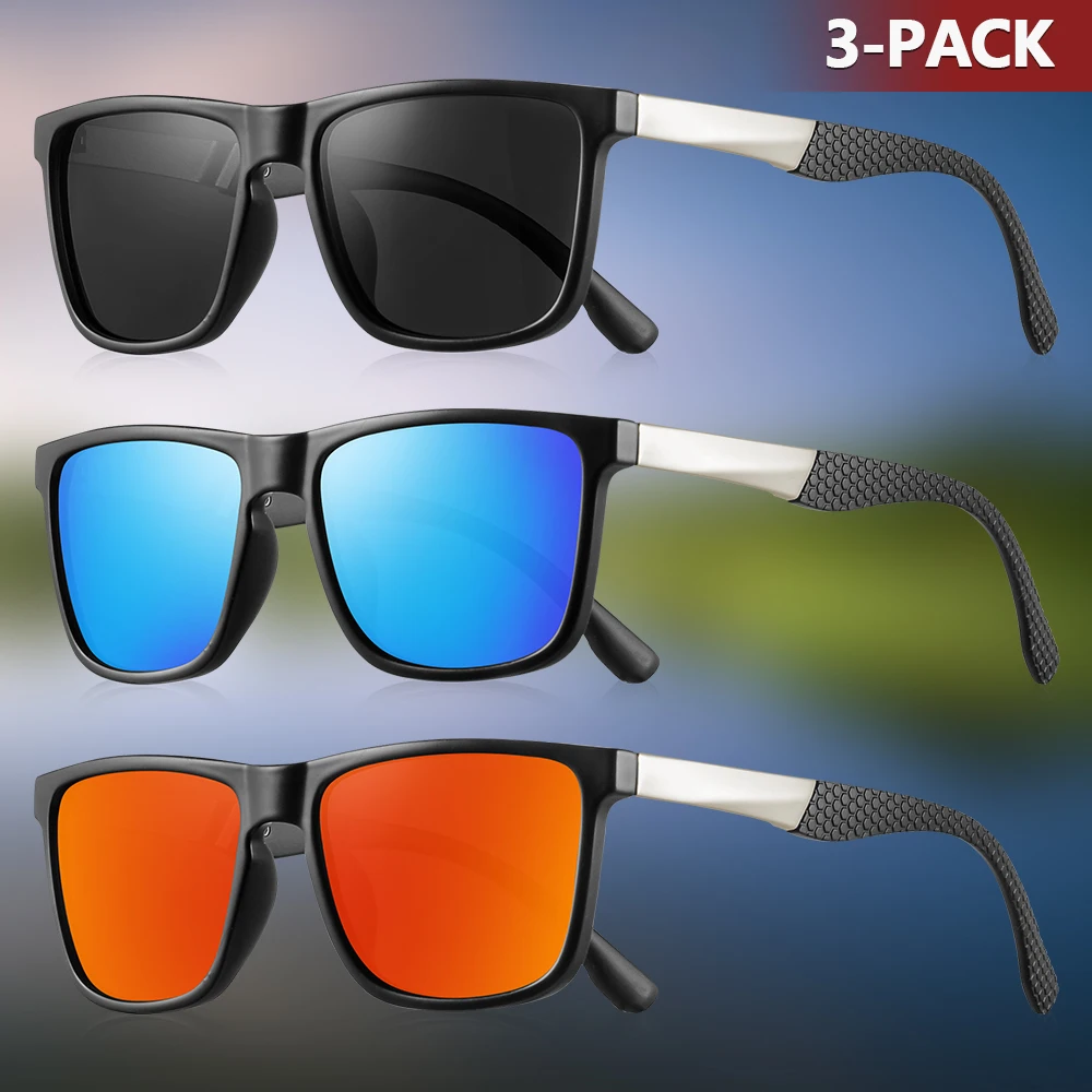 CRIXALIS 3-teilige quadratische polarisierte Sonnenbrille für Herren, modisch, trendig, zum Angeln, Fahren, Klettern, Outdoor, Spiegel, antireflektierend, UV400