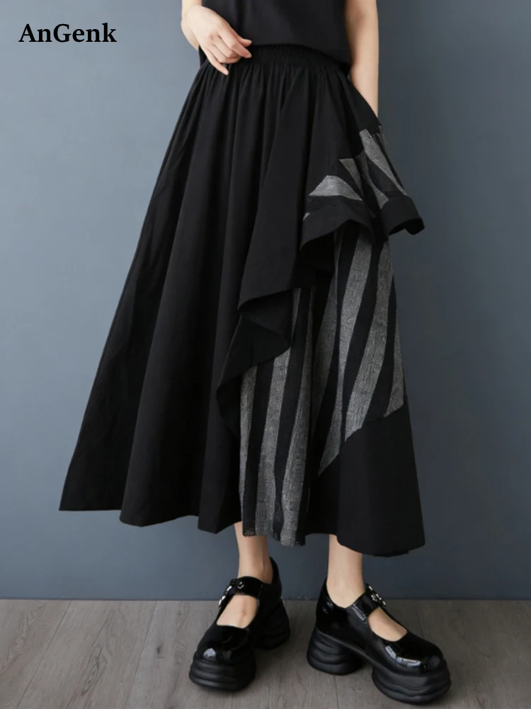 

Новая летняя черная винтажная юбка миди с асимметричными полосками и вставками, с завышенной талией, свободного кроя, для женщин, повседневная, модная одежда 2026 года
